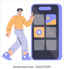 Diversity businessman concept. A man interacts with a giant smartphone, highlighting mobile accessibility and digital connection. Vector illustration.