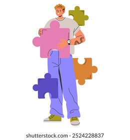 Diversity businessman concept. Man with puzzle pieces representing integration in corporate strategy. Problem-solving and collaboration in business. Vector illustration.
