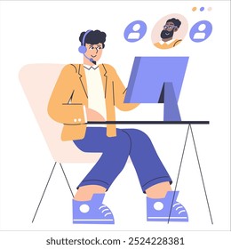 Diversity businessman concept. A professional man engages in a video call with colleagues, highlighting teamwork and communication. Vector illustration.