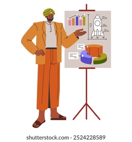 Diversity businessman concept. A professional presents growth charts and a rocket diagram, demonstrating global business strategy. Vector illustration.