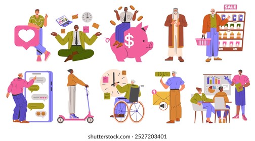 Diversity Businessman Set. Corporate professionals in various activities and situations. Networking, finance management, shopping, time management, and presentation. Vector illustration.