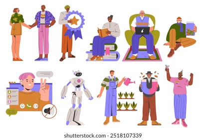 Diversity Businessman Set. Inclusive workplace culture with a variety of professionals. Networking, achievement, technology use, gardening, celebration. Vector illustration.