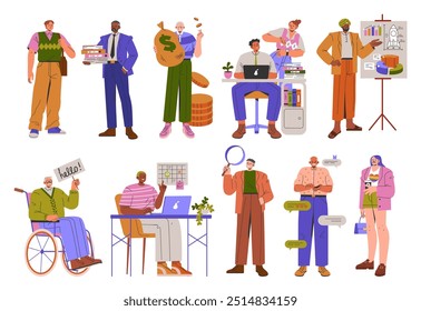 Diversity Businessman Set. Multicultural businessmen in various activities demonstrating workplace roles, collaboration, and leadership. Vector illustration.