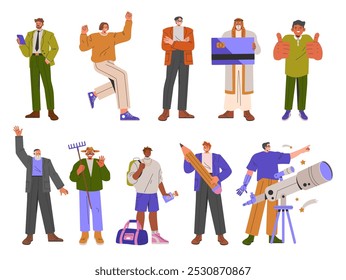 Diversity Businessman Set. Multicultural male professionals in various roles showcasing workplace diversity. Inclusive office culture representation. Vector illustration.