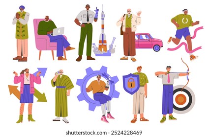 Diversity Businessman Set (em inglês). Uma gama de personagens masculinos diversos em várias profissões e atividades. Diversidade de carreira e representação de estilo de vida. Ilustração vetorial.