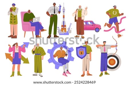Male ethnic astronaut in spacesuit and backpack with dark hood marching against purple background