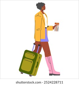 Diversity businesswoman concept. An African descent businesswoman travels with luggage, portraying modern professional mobility. Vector illustration.