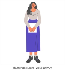 Diversity Businesswoman concept. Confident female professional standing in casual business attire. Inclusivity in workplace, woman empowerment. Vector illustration.