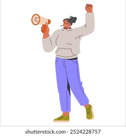 Diversity Businesswoman concept. A confident female professional leads with a megaphone, expressing empowerment and leadership. Vector illustration.