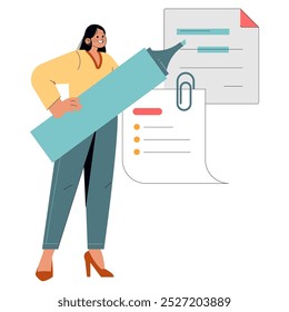 Diversity businesswoman concept. Confident female professional presenting a report. Leadership, career success, and workplace equality themes. Vector illustration.