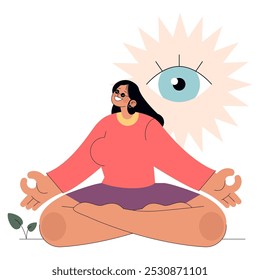 Diversity businesswoman concept. Confident female in meditation pose with a watchful eye motif. Empowerment, mindfulness, and intuition in the workplace. Vector illustration.