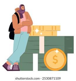 Diversity Businesswoman concept. Confident woman in hijab standing with financial success symbols. Empowerment and equality in business. Vector illustration.