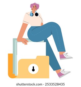Diversity businesswoman concept. A confident woman with a modern hairstyle rests on an oversized file folder. Casual professional in a creative workspace. Vector illustration.