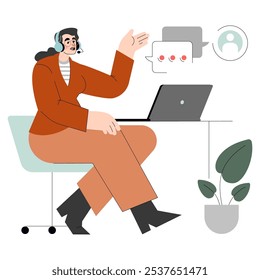 Concepto de mujer de negocios de diversidad. Una mujer de negocios con auriculares se comunica en línea, representando escenarios modernos de teletrabajo. Ilustración inclusiva del lugar de trabajo. Ilustración vectorial.