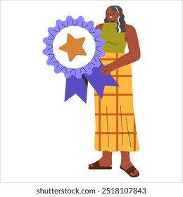 Diversity Businesswoman concept. An illustration of an accomplished businesswoman holding an award. Affirmation of women's success in corporate diversity. Vector illustration.