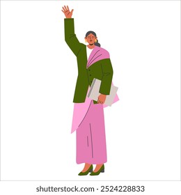 Diversity Businesswoman concept. Illustration of a confident woman in professional attire raising her hand. Inclusion in the workplace, leadership, and ambition in vector format.