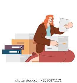 Conceito de mulher de negócios de diversidade. Ilustração de uma mulher confiante profissional gerenciando documentos. Orientado para a carreira e organizado no local de trabalho. Ilustração vetorial.