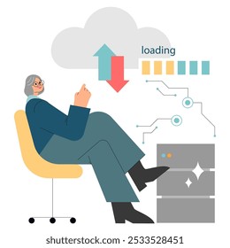 Conceito de mulher de negócios de diversidade. Empresária madura analisa os dados da computação em nuvem. Rastreamento de progresso, exibição de análise de servidor. Ilustração vetorial.