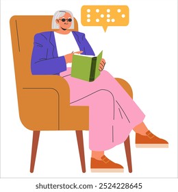 Diversity Businesswoman concept. Senior professional reading a report. Leadership, experience exchange, and lifelong learning in business. Vector illustration.