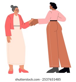 Diversity Businesswoman concept. Two professional women engaging in a firm handshake. Corporate partnership and mutual respect in a modern workplace. Vector illustration.