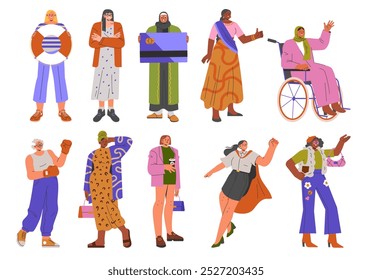 Conjunto de mujer de negocios de diversidad. Una colección de mujeres profesionales diversas con diversos atuendos, celebrando la inclusión. Empoderamiento y representación en los negocios. Ilustración vectorial.