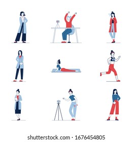 Diversity cartoon people set. Flat vector illustrations of women doing selfie and yoga, jogging. Everyday activity and lifestyle concept for banner, website design or landing web page