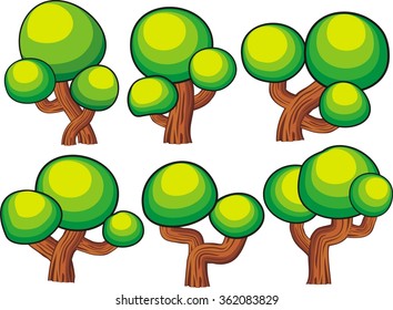 Diversity cartoon of trees set isolated on white for game element