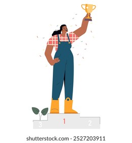 Concepto de campeón de la diversidad. Una mujer de negocios segura de sí misma en un podio de ganadores, sosteniendo triunfalmente un trofeo en alto. Celebración del éxito y el liderazgo. Ilustración vectorial.