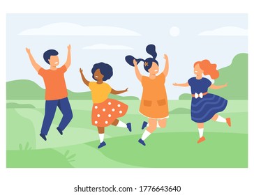 Diversity and childhood concept. Group of happy diverse kids playing together, jumping on grass, having fun, enjoying nature. Can be used for summer vacation or children outdoor party topics