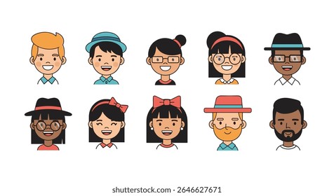 Diversidade de personagens de crianças e adolescentes no conjunto de design de ilustração vetorial
