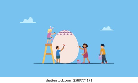 Diversity children paint an egg together. Happy Easter scene with families, kids. Easter street event, festival and fair, banner, poster design.