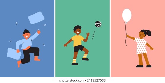 Los niños de la diversidad juegan diferentes juegos en casa. Niño feliz jugando fútbol pateando pelota, chica sosteniendo globo, niño riéndose salta lanzando almohada. Actividades recreativas infantiles, ilustración vectorial de la infancia