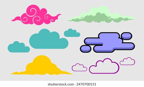 The diversity in cloud shapes and colors adds a playful and dynamic element to the image, making it suitable for a variety of design projects, such as illustrations, graphics for children's content