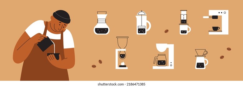 Diversity coffee brewing method vector icons set and happy barista making cappuccino latte art. French press, kitchen equipment flat illustration. Drip brew, espresso, filter coffee makers