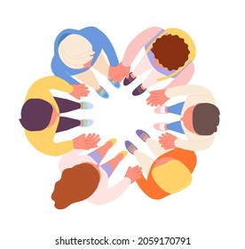 Diversity community. Round team, society hugging or start new project. Friends stand in circle and touch hands, isolated human solidarity utter vector scene