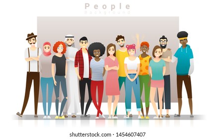 Diversity concept background , group of happy multi ethnic people standing together , vector , illustration