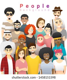 Diversity concept background , group of happy multi ethnic people standing together , vector , illustration