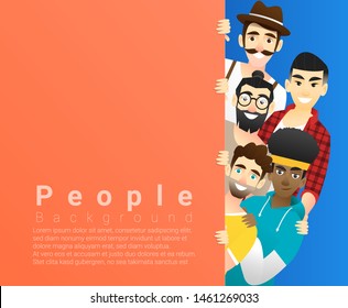 Diversity concept background , group of happy multi ethnic men standing behind empty colorful board , vector , illustration