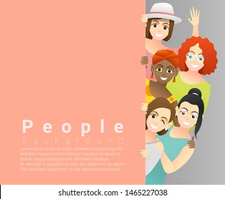 Diversity concept background , group of happy multi ethnic women standing behind empty colorful board , vector , illustration