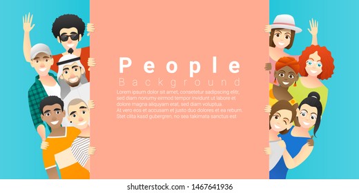 Diversity concept background , group of happy multi ethnic people standing behind empty colorful board , vector , illustration