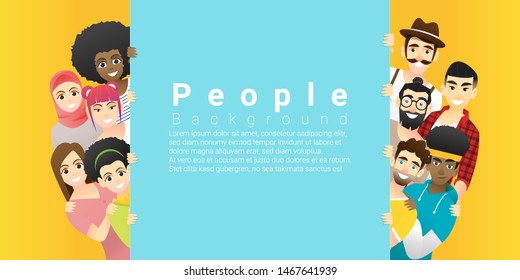 Diversity concept background , group of happy multi ethnic people standing behind empty colorful board , vector , illustration