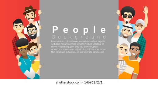 Diversity concept background , group of happy multi ethnic men standing behind empty board , vector , illustration