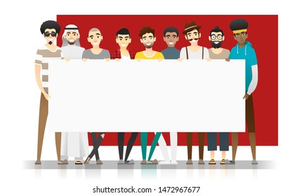 Diversity concept background , group of happy multi ethnic men standing together and holding empty board , vector , illustration