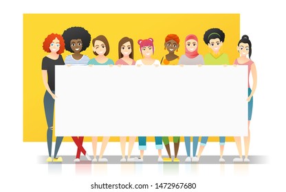 Diversity concept background , group of happy multi ethnic women standing together and holding empty board , vector , illustration