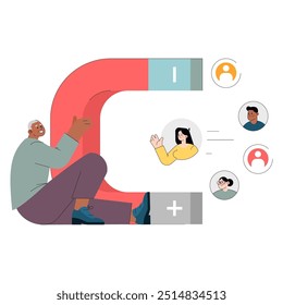 Diversity concept. Business professionals connecting via a giant magnet, showcasing unity in the workplace. Inclusive corporate culture. Vector illustration.