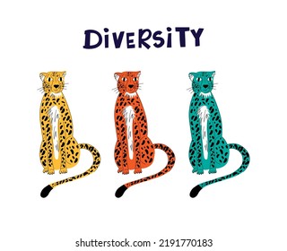 Diversity concept with colorfull leopard. hand drawn illustration.