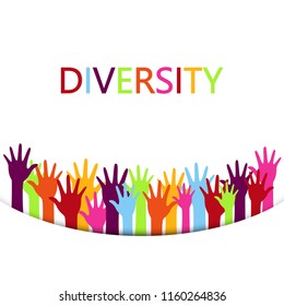Diversity concept design, hands up with text