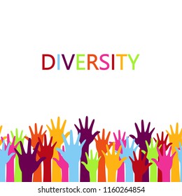 Diversity concept design, hands up with text