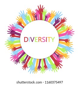 Diversity concept design, hands up with text