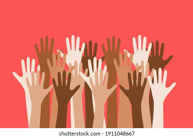 Diversity concept. Different color hands in the air